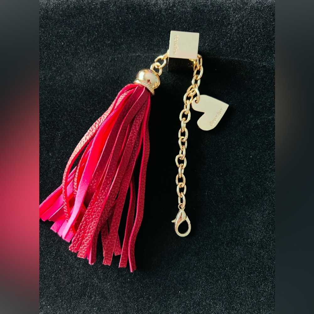 Deux Lux Gold Tone Dark Pink Leather Tassel Key Fob Bag Charm Keychain Hang Tag
